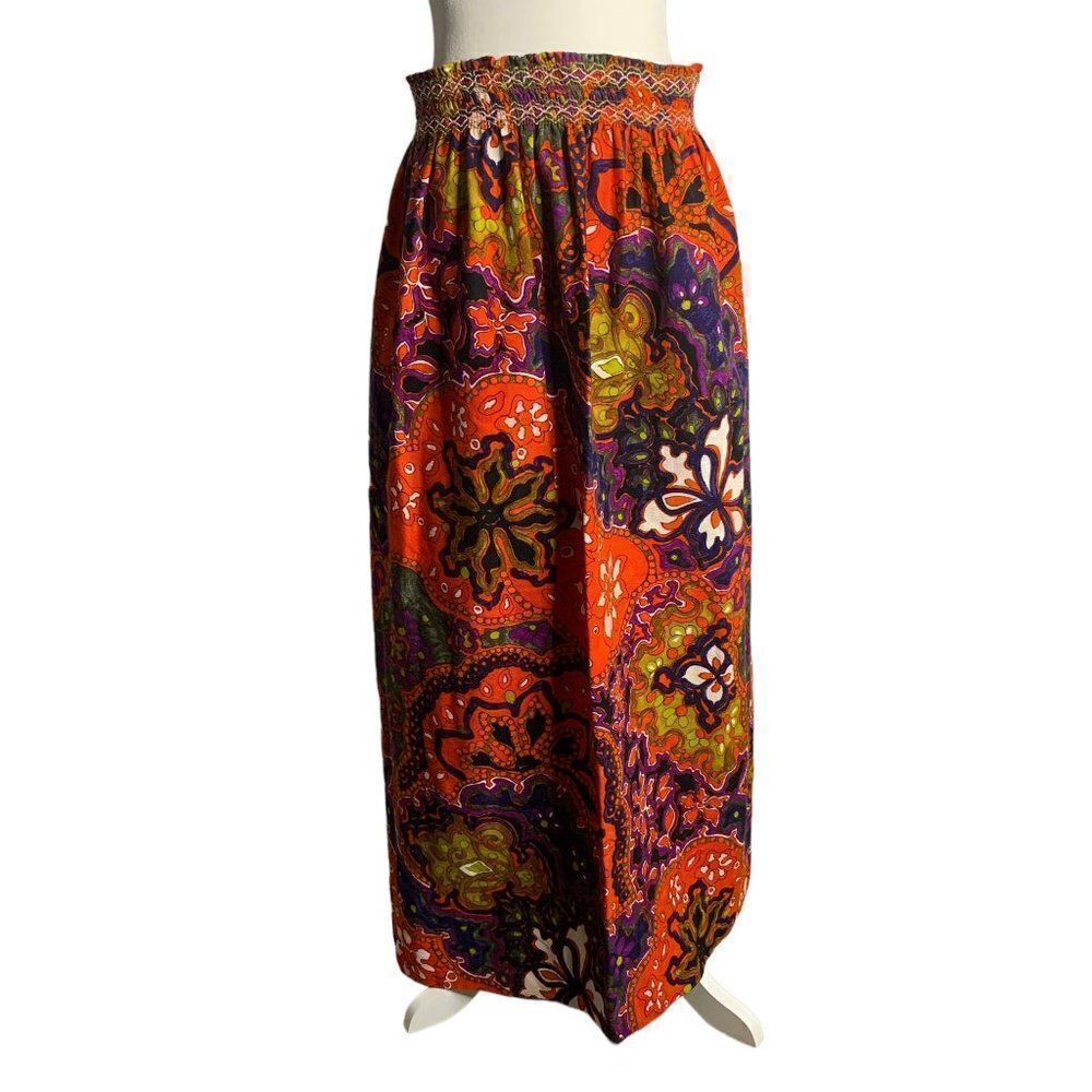 Vintage 70s Psychedelic Hawaiian Maxi Skirt M Orange Floral Barkcloth